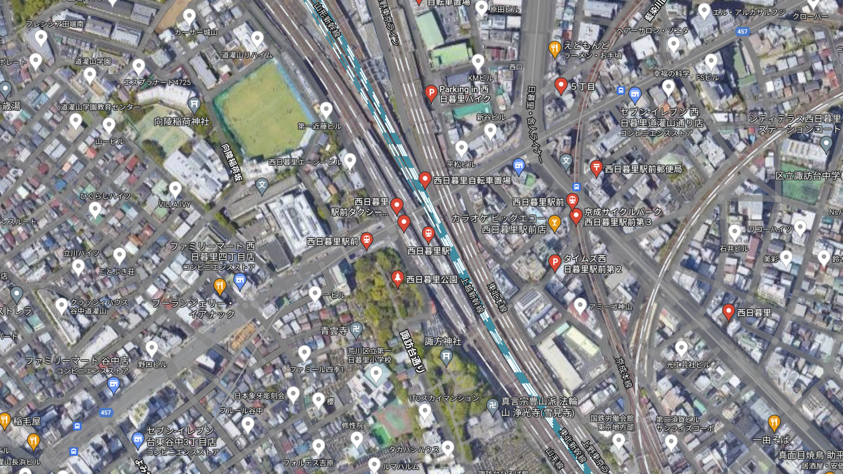 グーグルマップによる西日暮里駅周辺